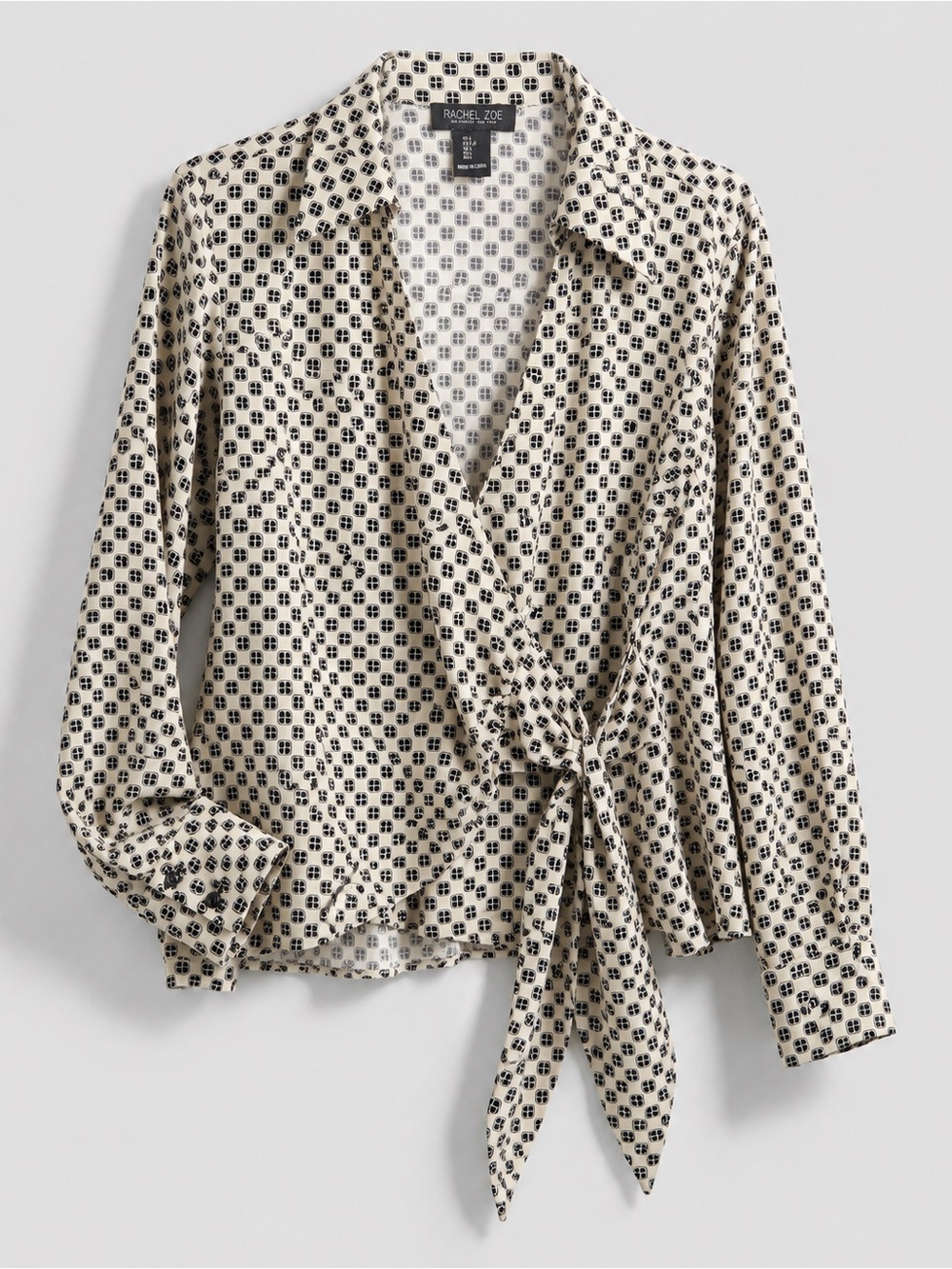 Rachel Zoe Blouse L Cream Black Geometric Print Draped Tie Front Collared